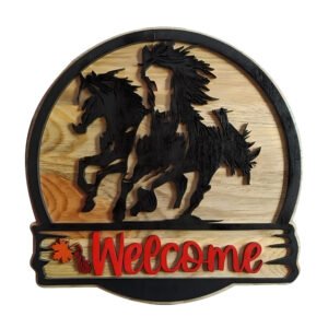 Letrero de bienvenida de madera con caballos